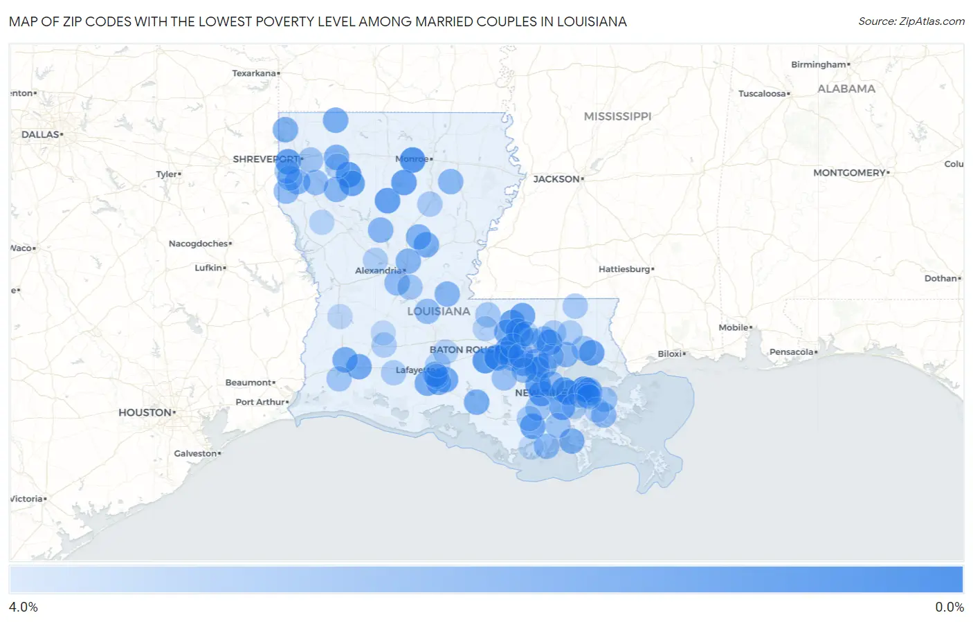 Zip Codes with the Lowest Poverty Level Among Married Couples in Louisiana Map