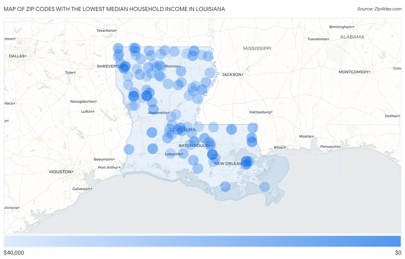 Zip Codes with the Lowest Median Household Income in Louisiana Map