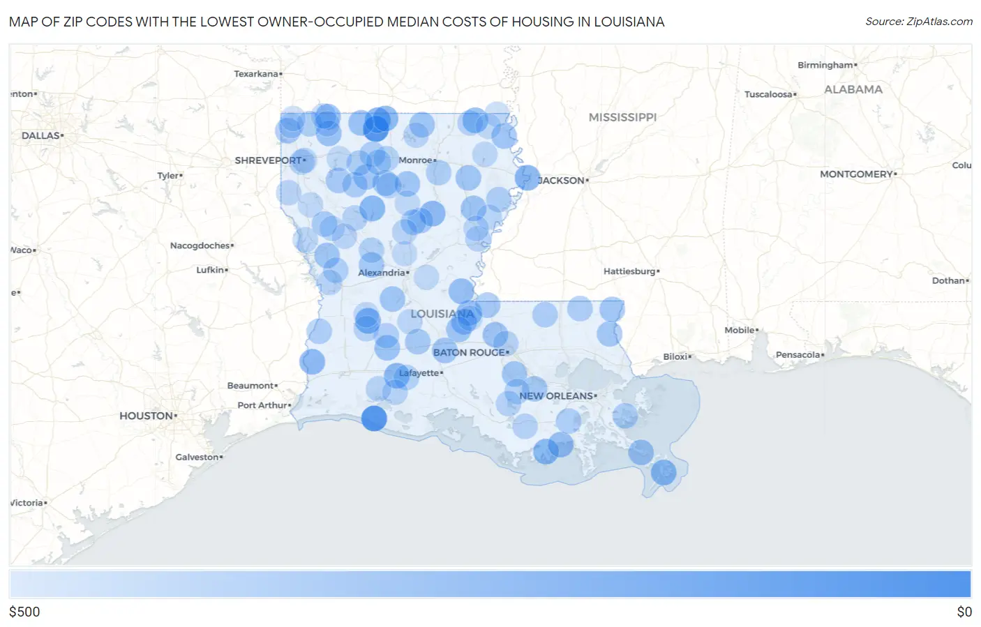 Zip Codes with the Lowest Owner-Occupied Median Costs of Housing in Louisiana Map