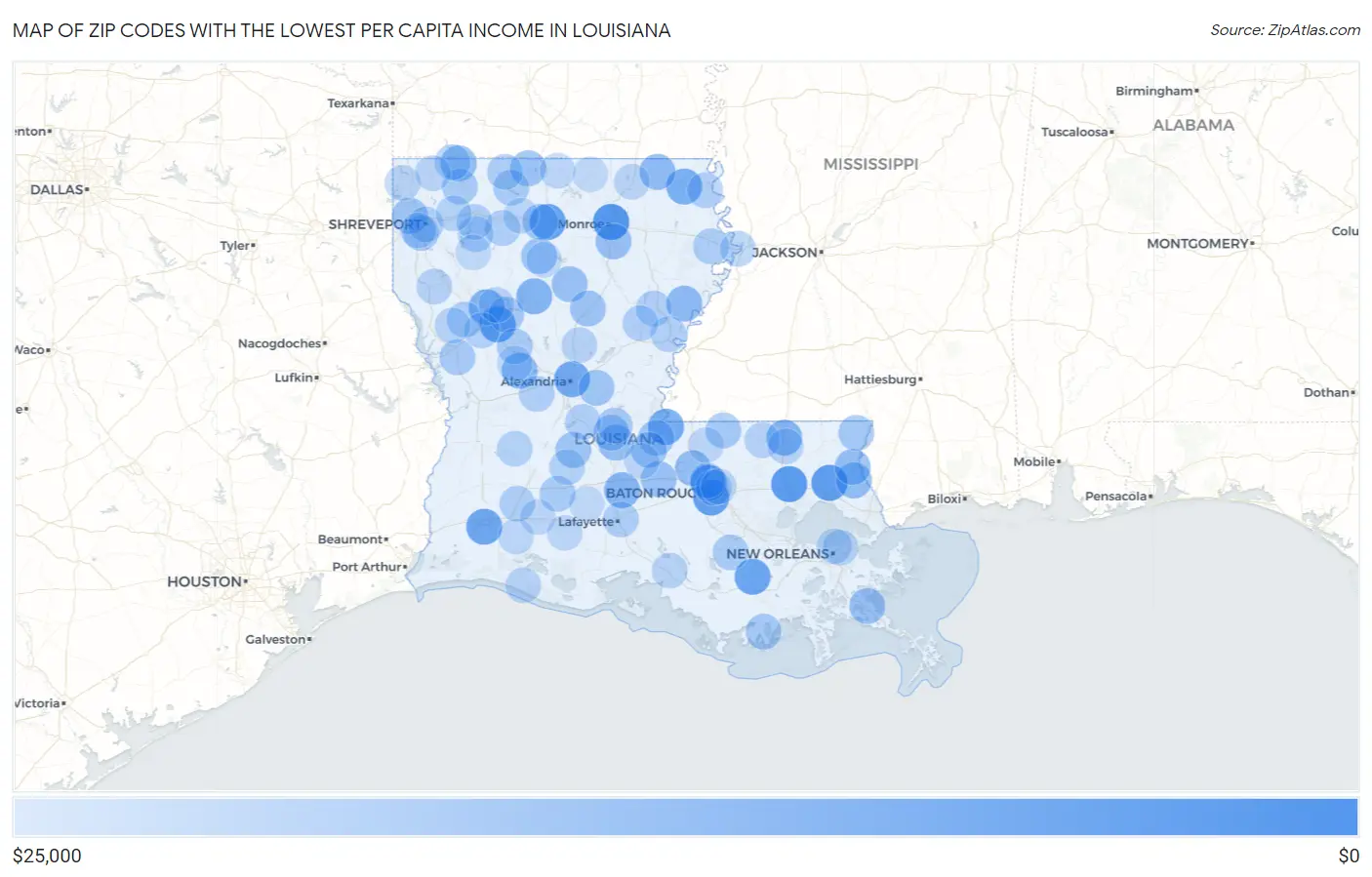 Zip Codes with the Lowest Per Capita Income in Louisiana Map