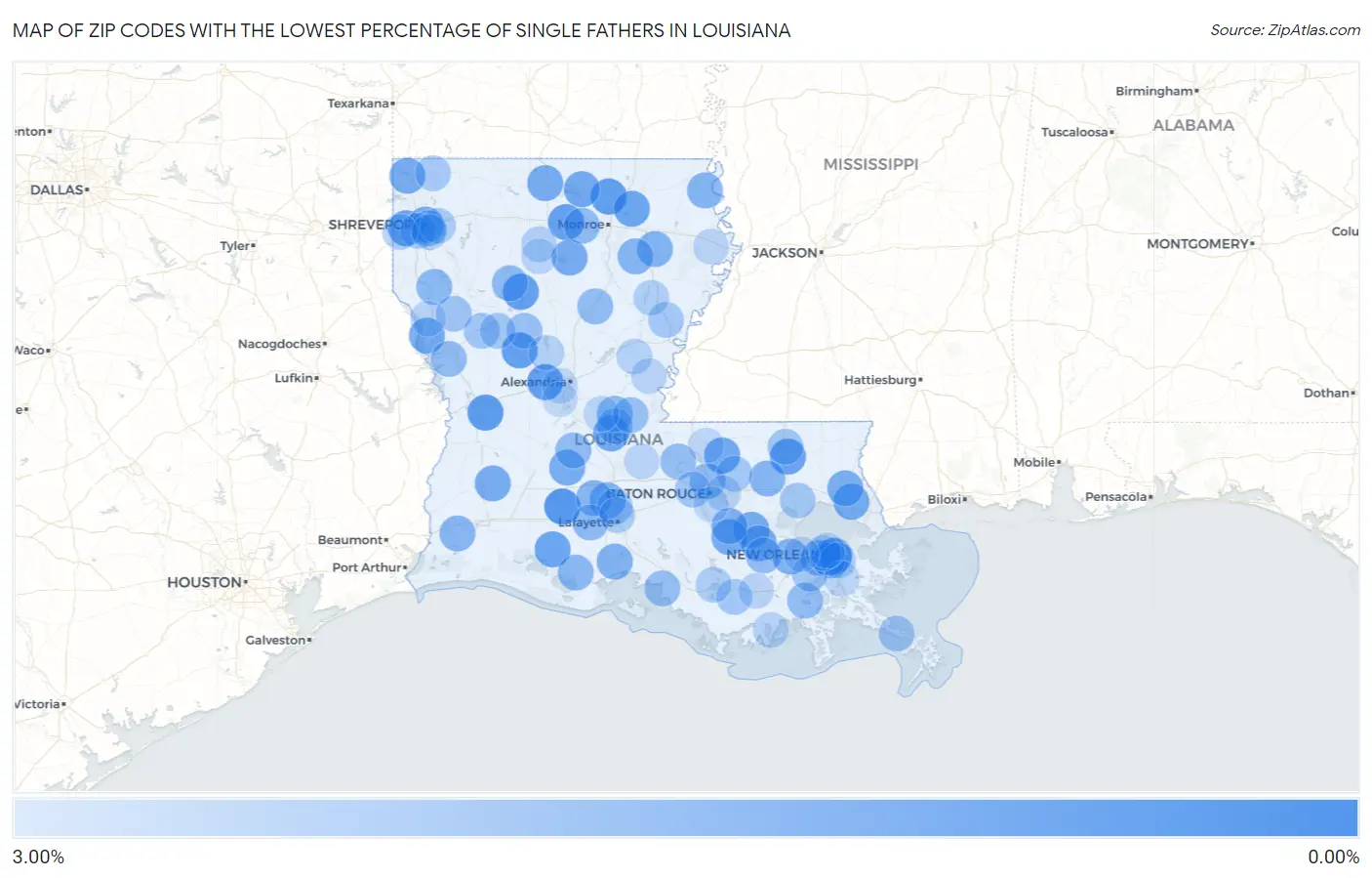 Zip Codes with the Lowest Percentage of Single Fathers in Louisiana Map