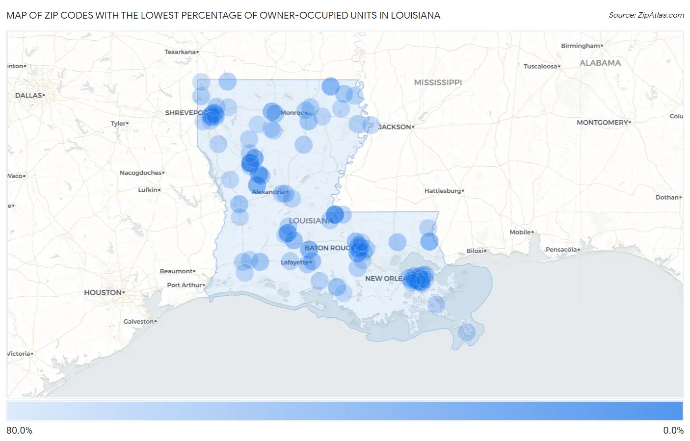 Zip Codes with the Lowest Percentage of Owner-Occupied Units in Louisiana Map