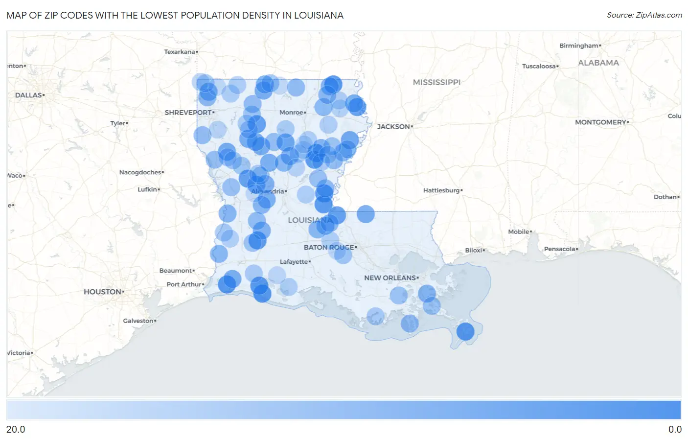 Zip Codes with the Lowest Population Density in Louisiana Map