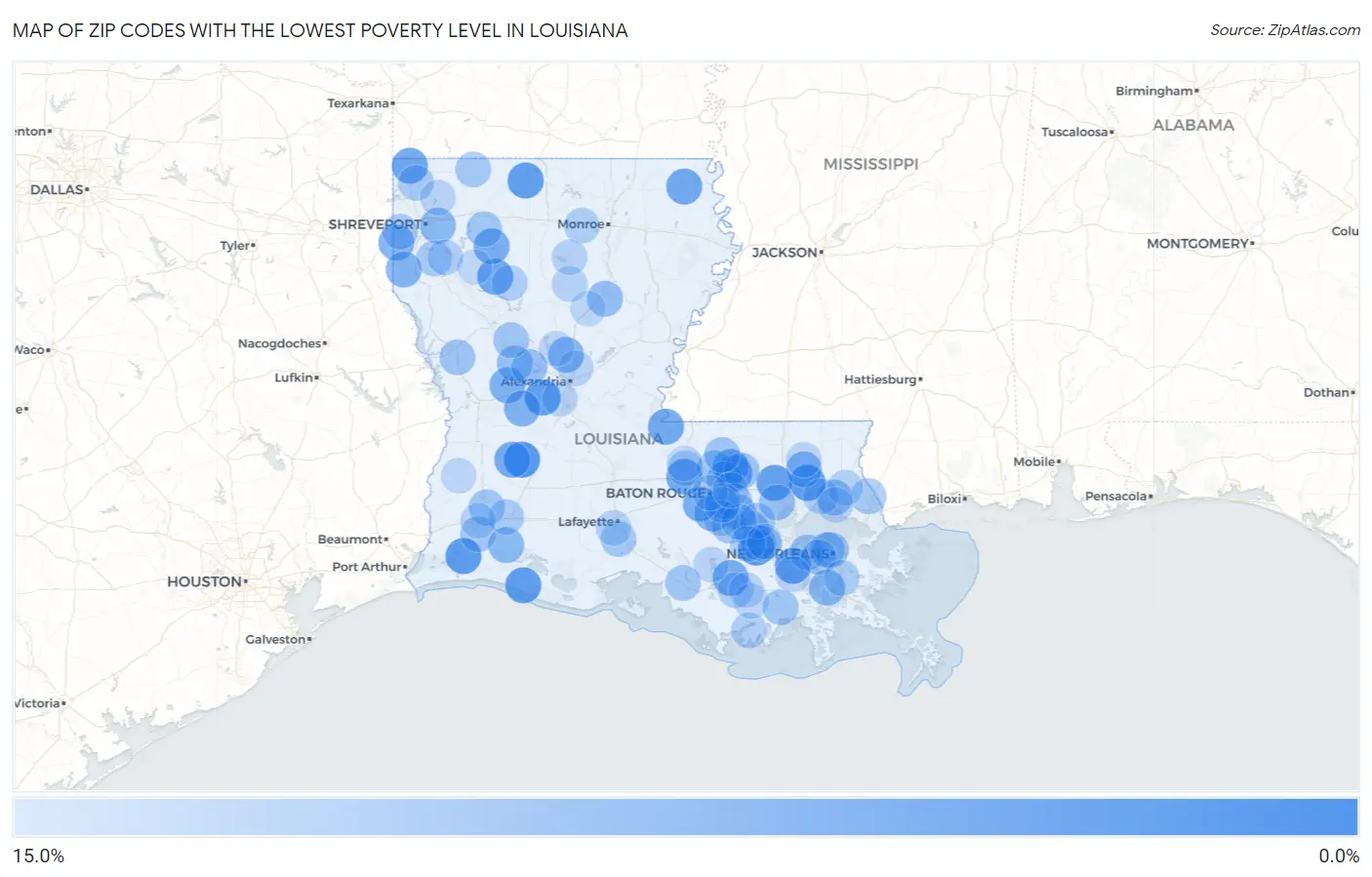 Zip Codes with the Lowest Poverty Level in Louisiana Map