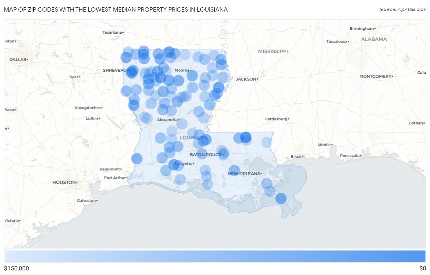 Zip Codes with the Lowest Median Property Prices in Louisiana Map