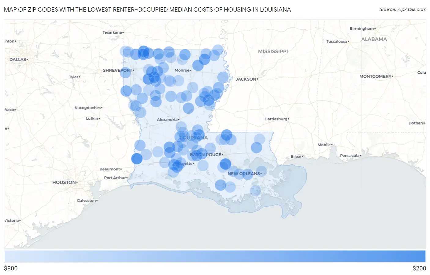 Zip Codes with the Lowest Renter-Occupied Median Costs of Housing in Louisiana Map