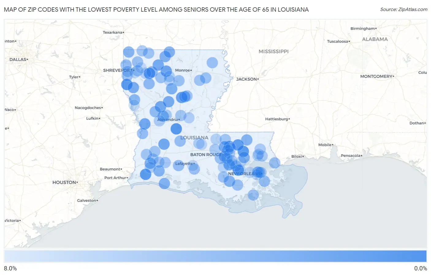 Zip Codes with the Lowest Poverty Level Among Seniors Over the Age of 65 in Louisiana Map