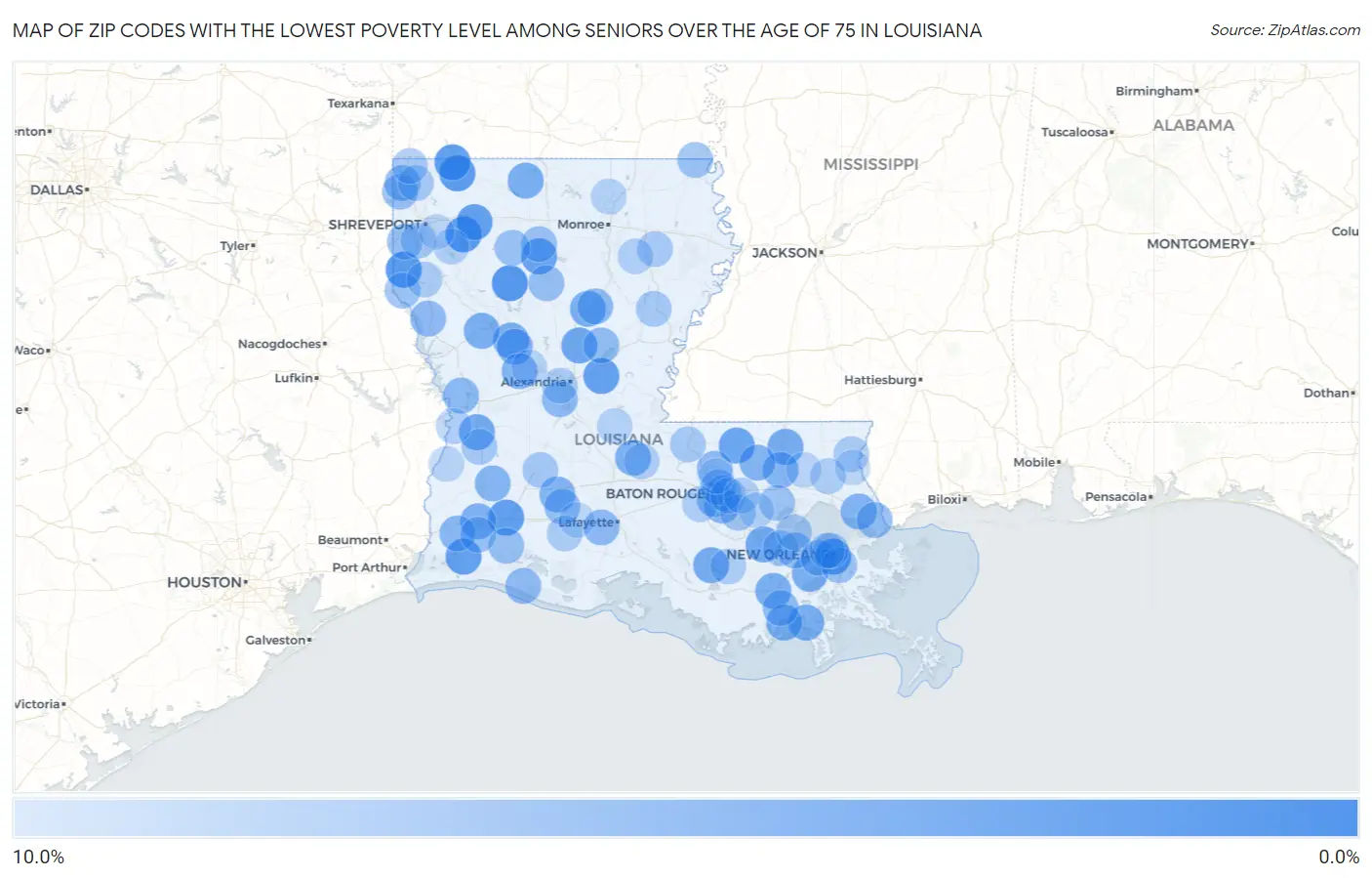Zip Codes with the Lowest Poverty Level Among Seniors Over the Age of 75 in Louisiana Map