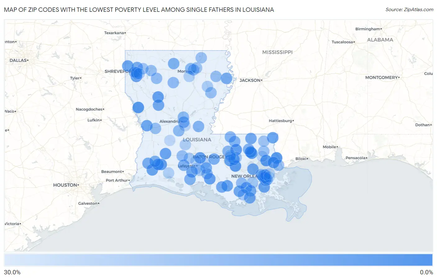 Zip Codes with the Lowest Poverty Level Among Single Fathers in Louisiana Map
