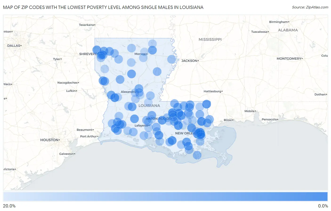 Zip Codes with the Lowest Poverty Level Among Single Males in Louisiana Map