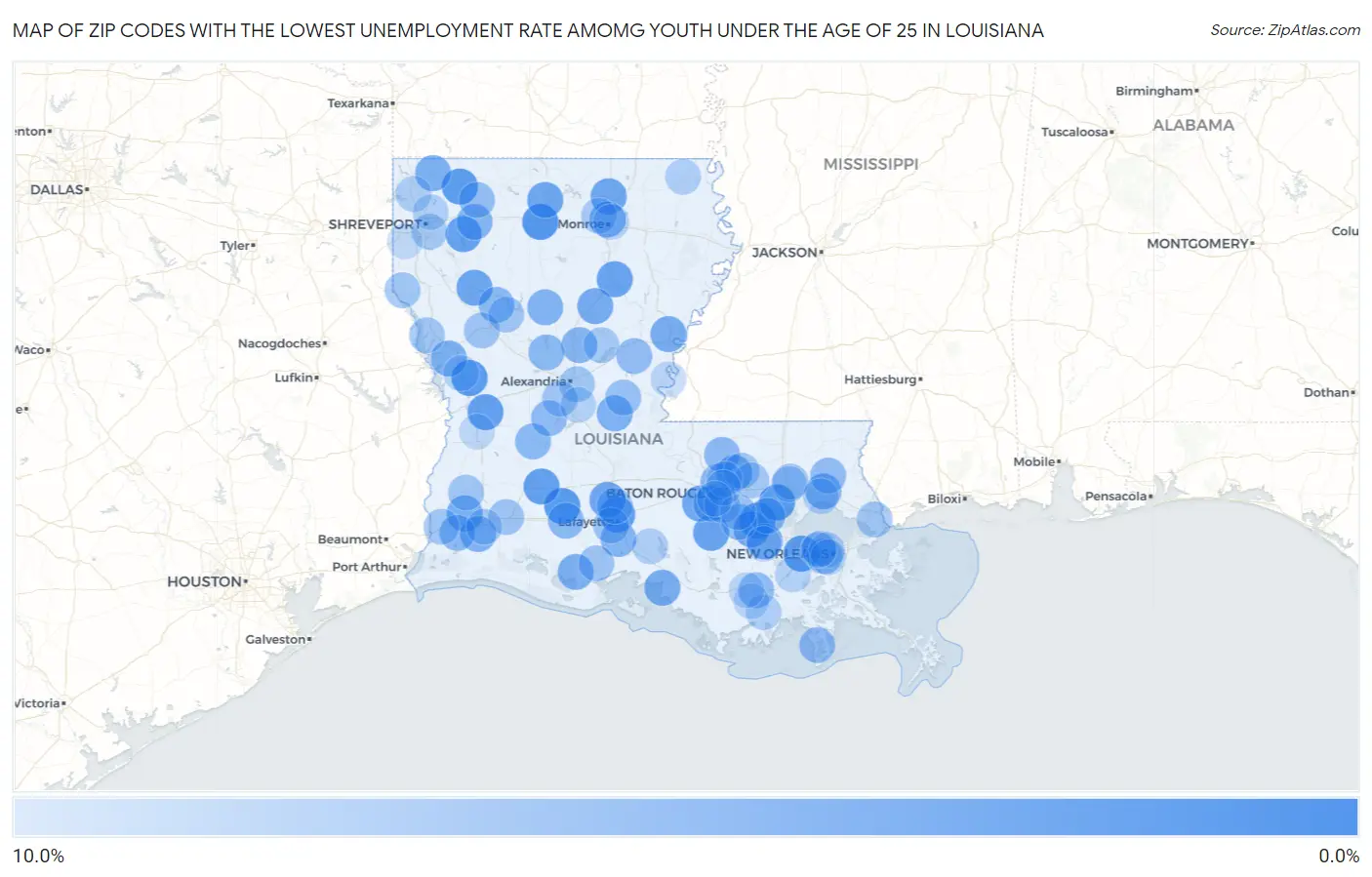 Zip Codes with the Lowest Unemployment Rate Amomg Youth Under the Age of 25 in Louisiana Map