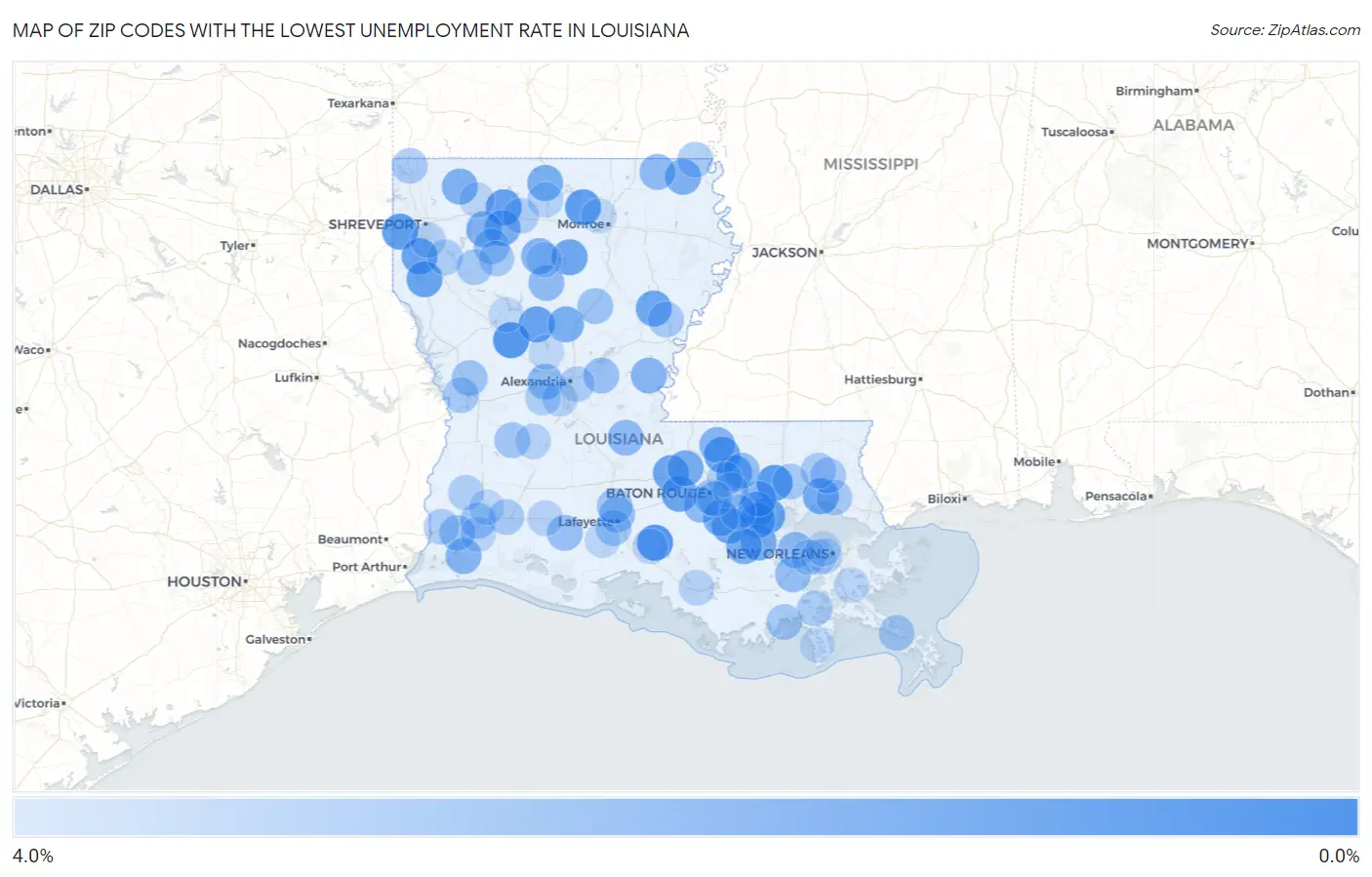 Zip Codes with the Lowest Unemployment Rate in Louisiana Map