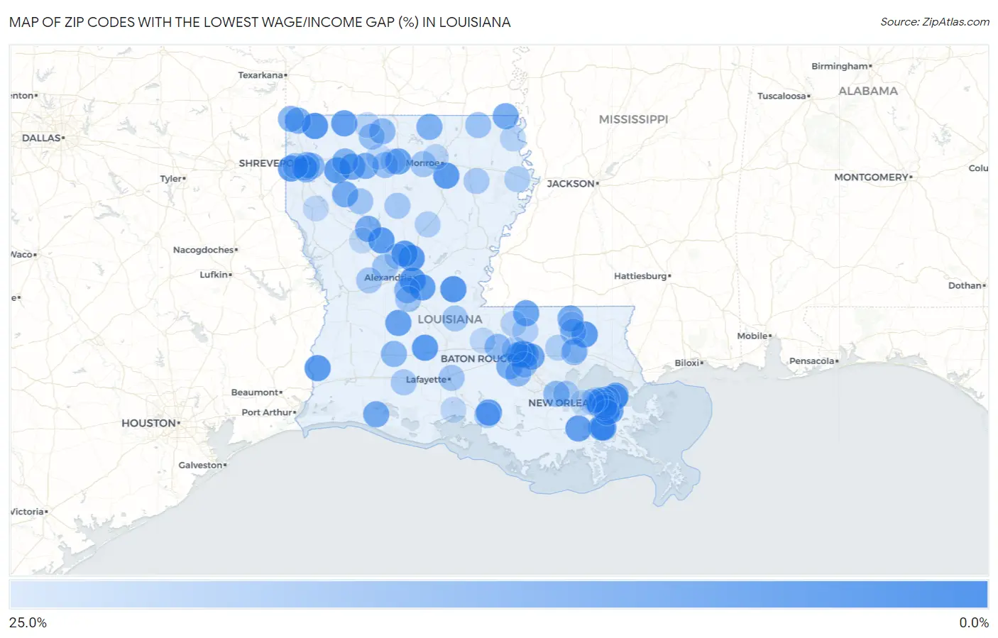 Zip Codes with the Lowest Wage/Income Gap (%) in Louisiana Map