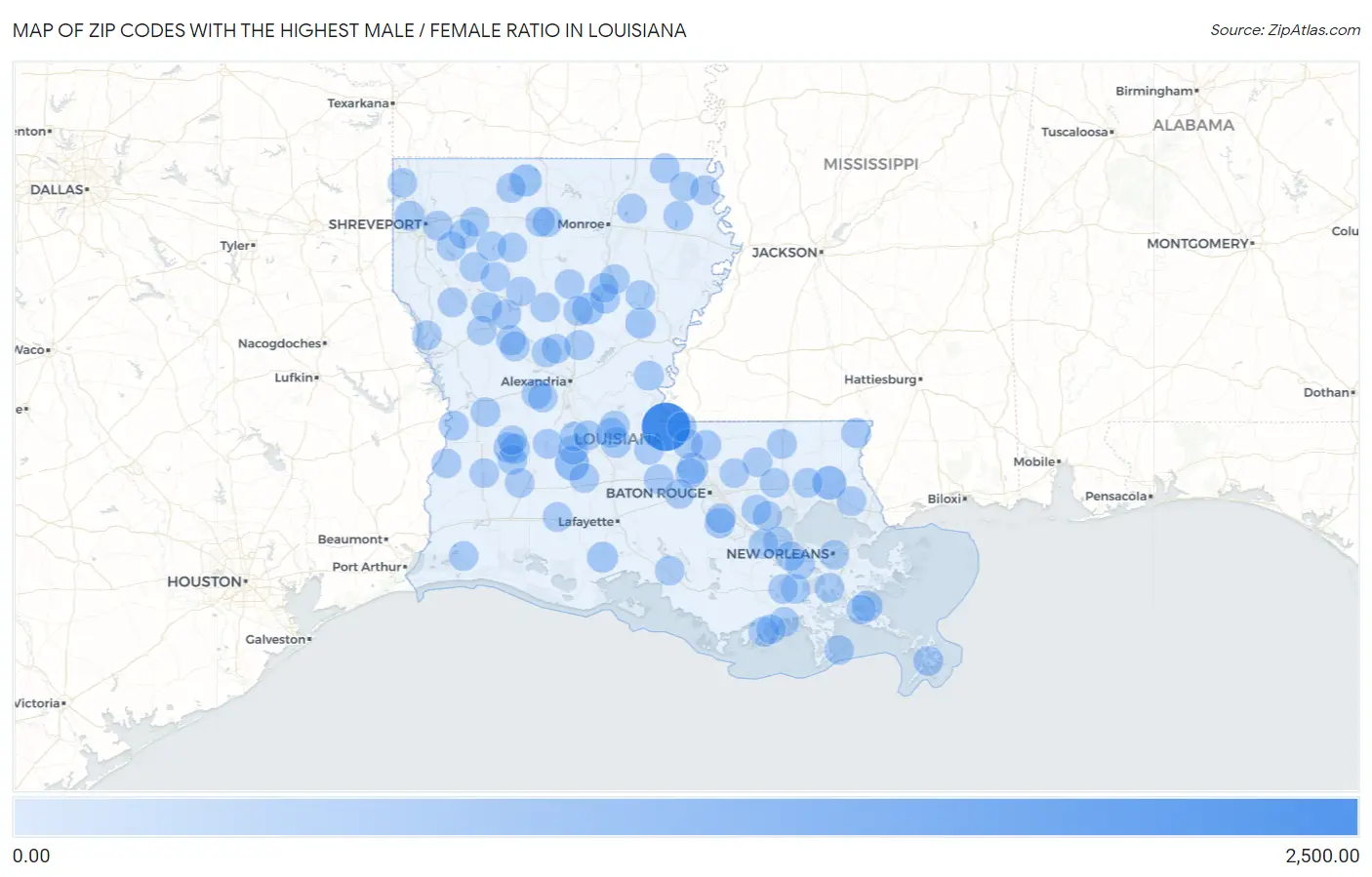 Zip Codes with the Highest Male / Female Ratio in Louisiana Map