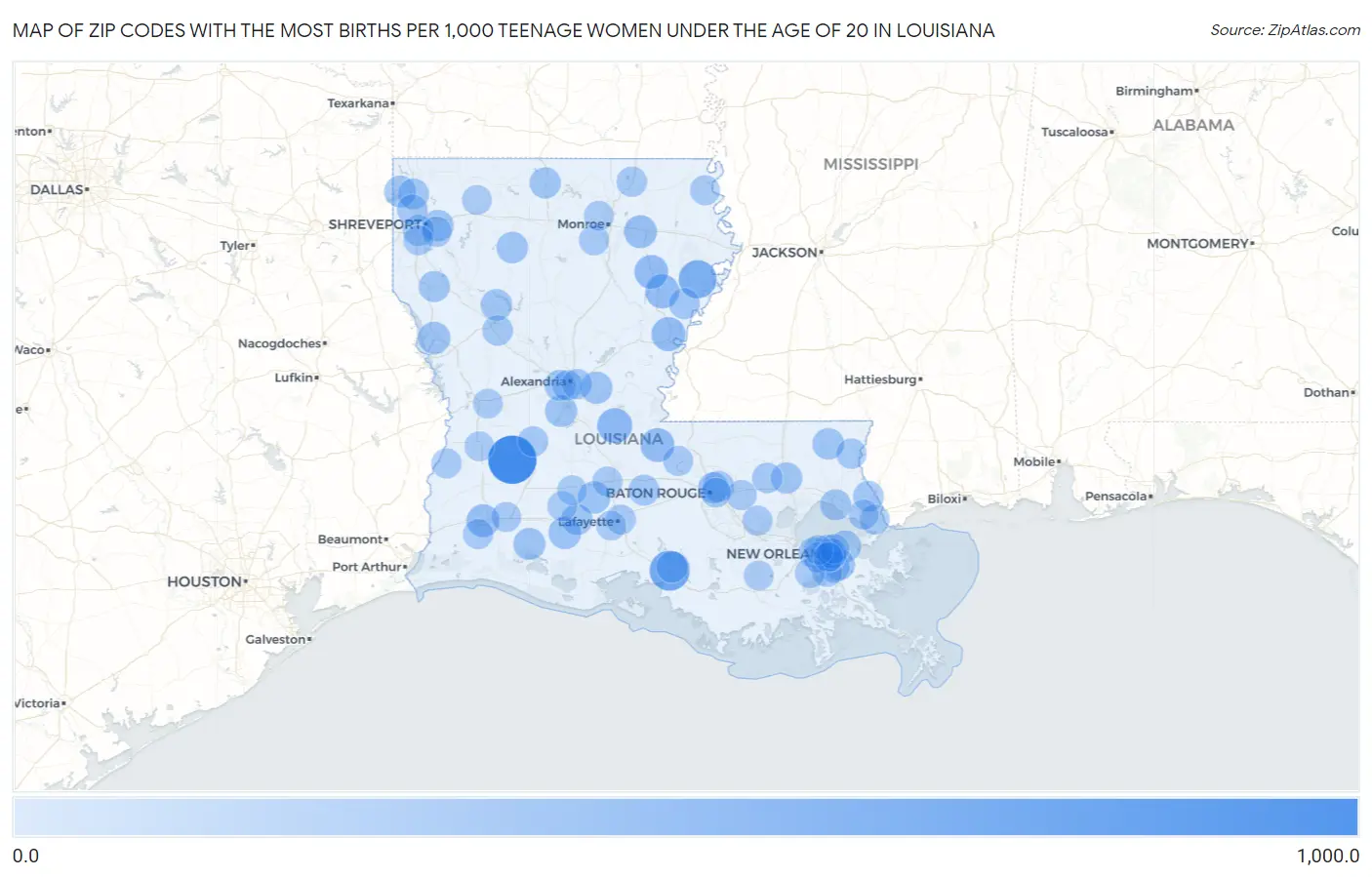 Zip Codes with the Most Births per 1,000 Teenage Women Under the Age of 20 in Louisiana Map