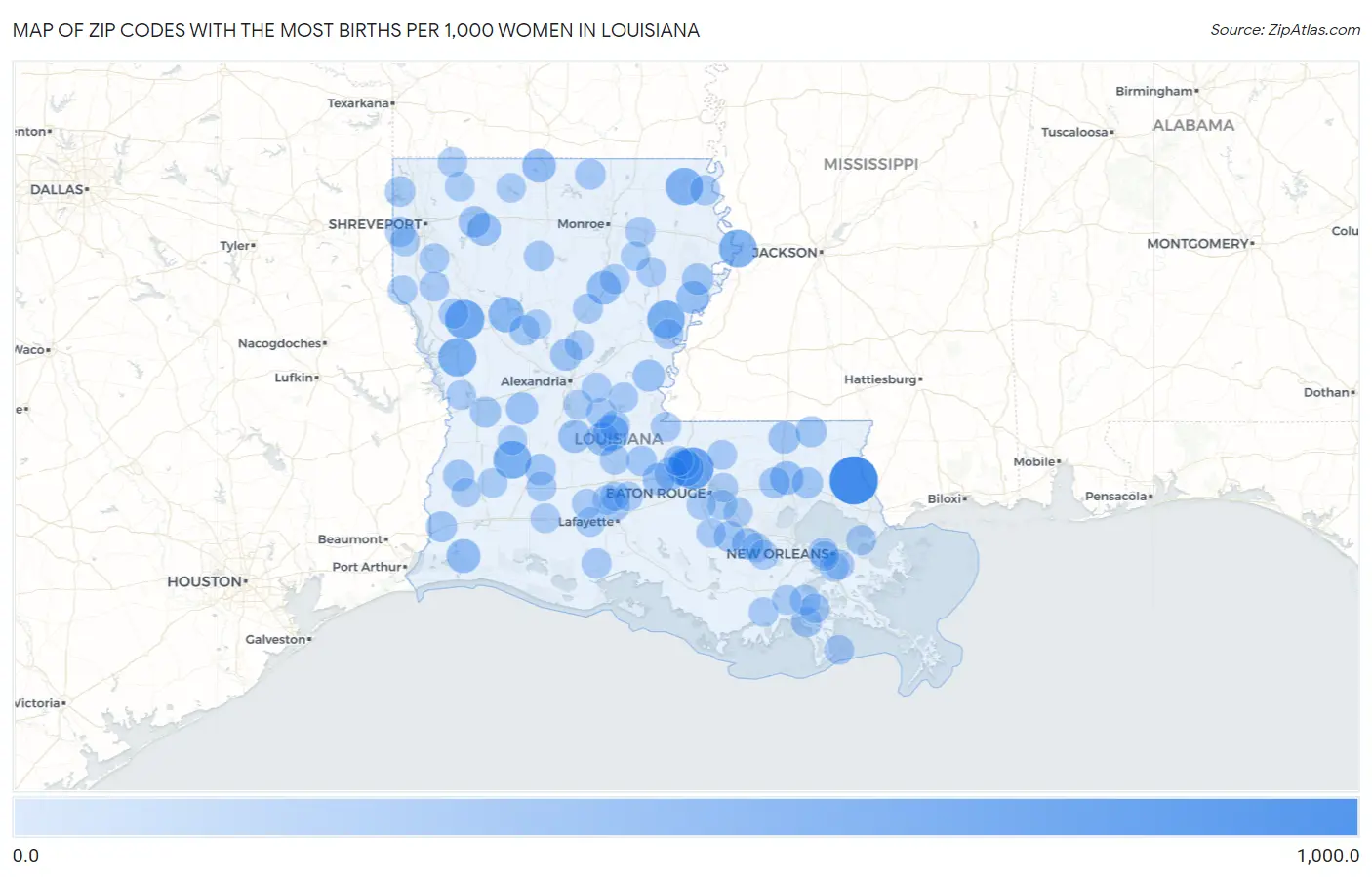 Zip Codes with the Most Births per 1,000 Women in Louisiana Map