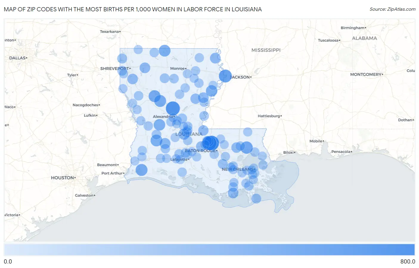 Zip Codes with the Most Births per 1,000 Women in Labor Force in Louisiana Map