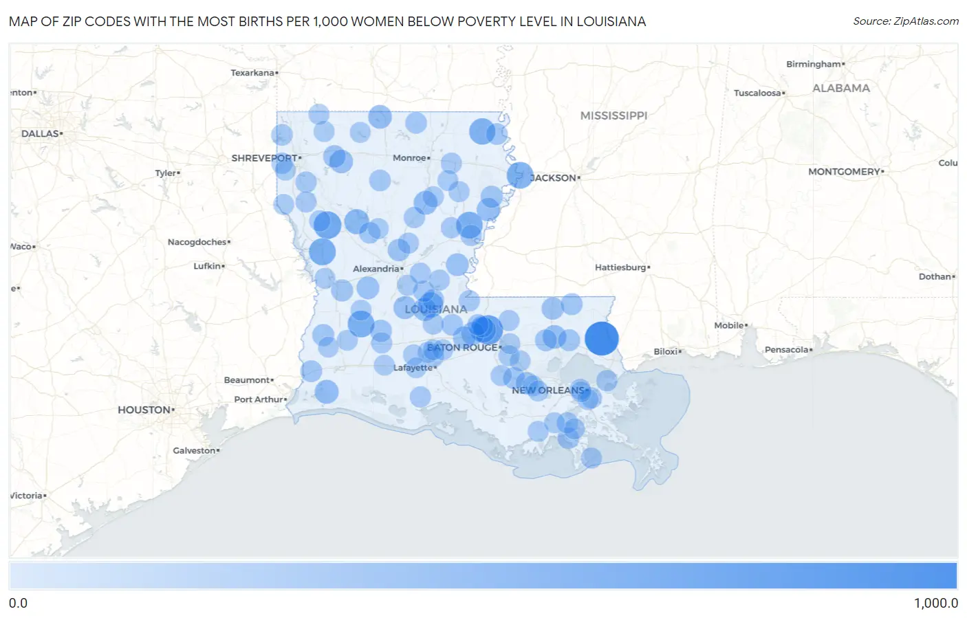 Zip Codes with the Most Births per 1,000 Women Below Poverty Level in Louisiana Map