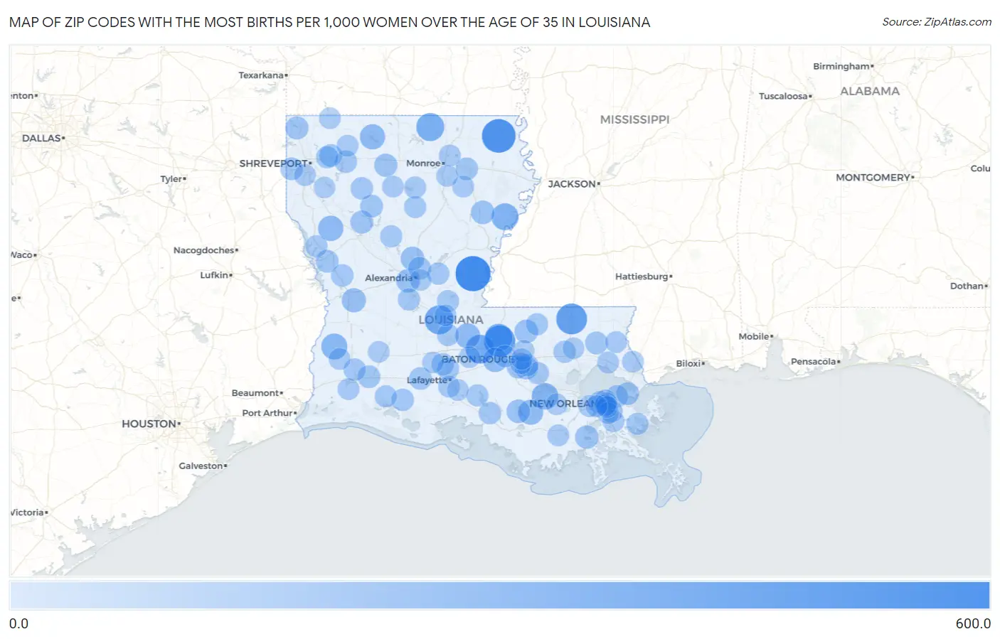 Zip Codes with the Most Births per 1,000 Women Over the Age of 35 in Louisiana Map