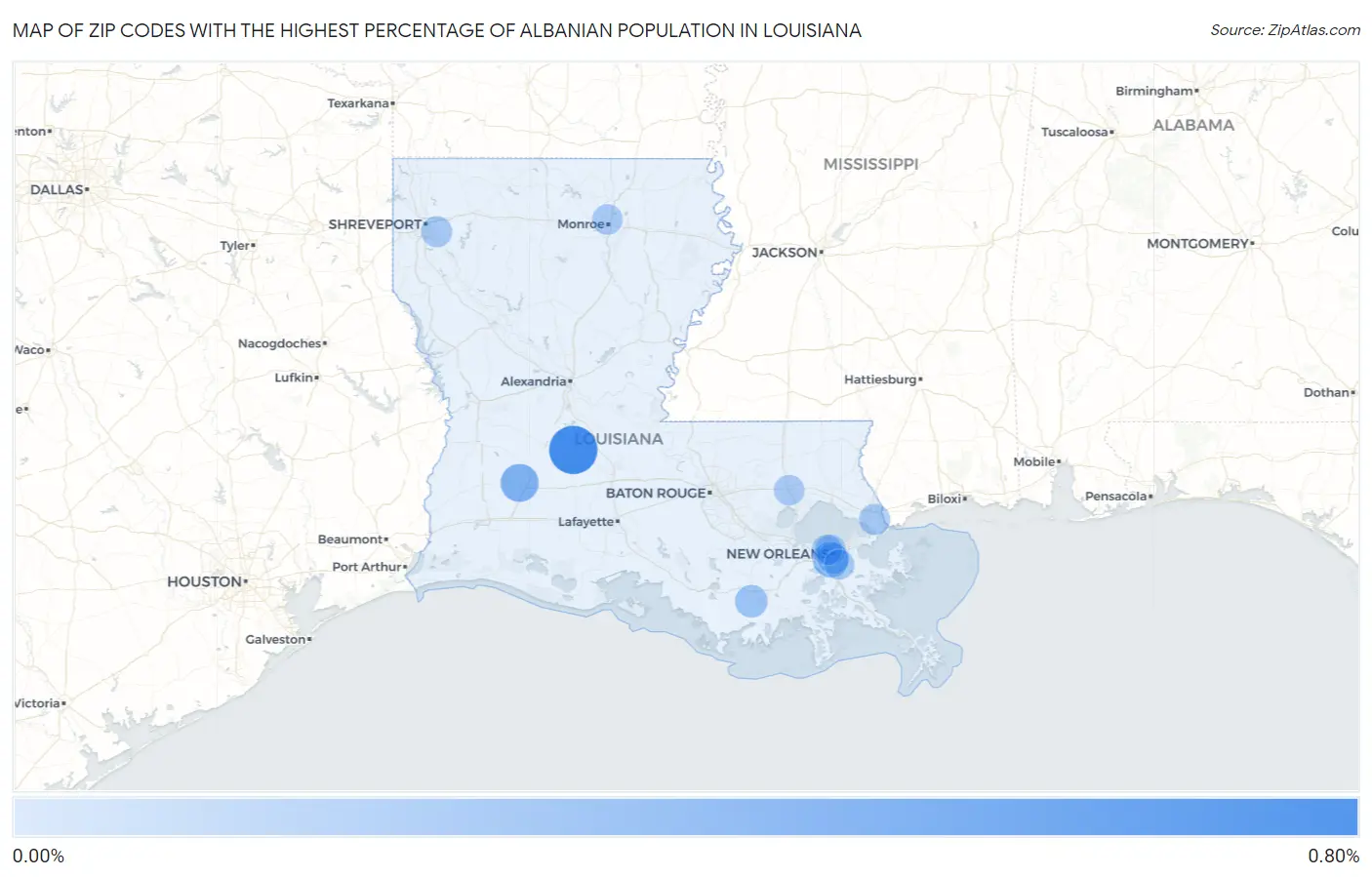 Zip Codes with the Highest Percentage of Albanian Population in Louisiana Map