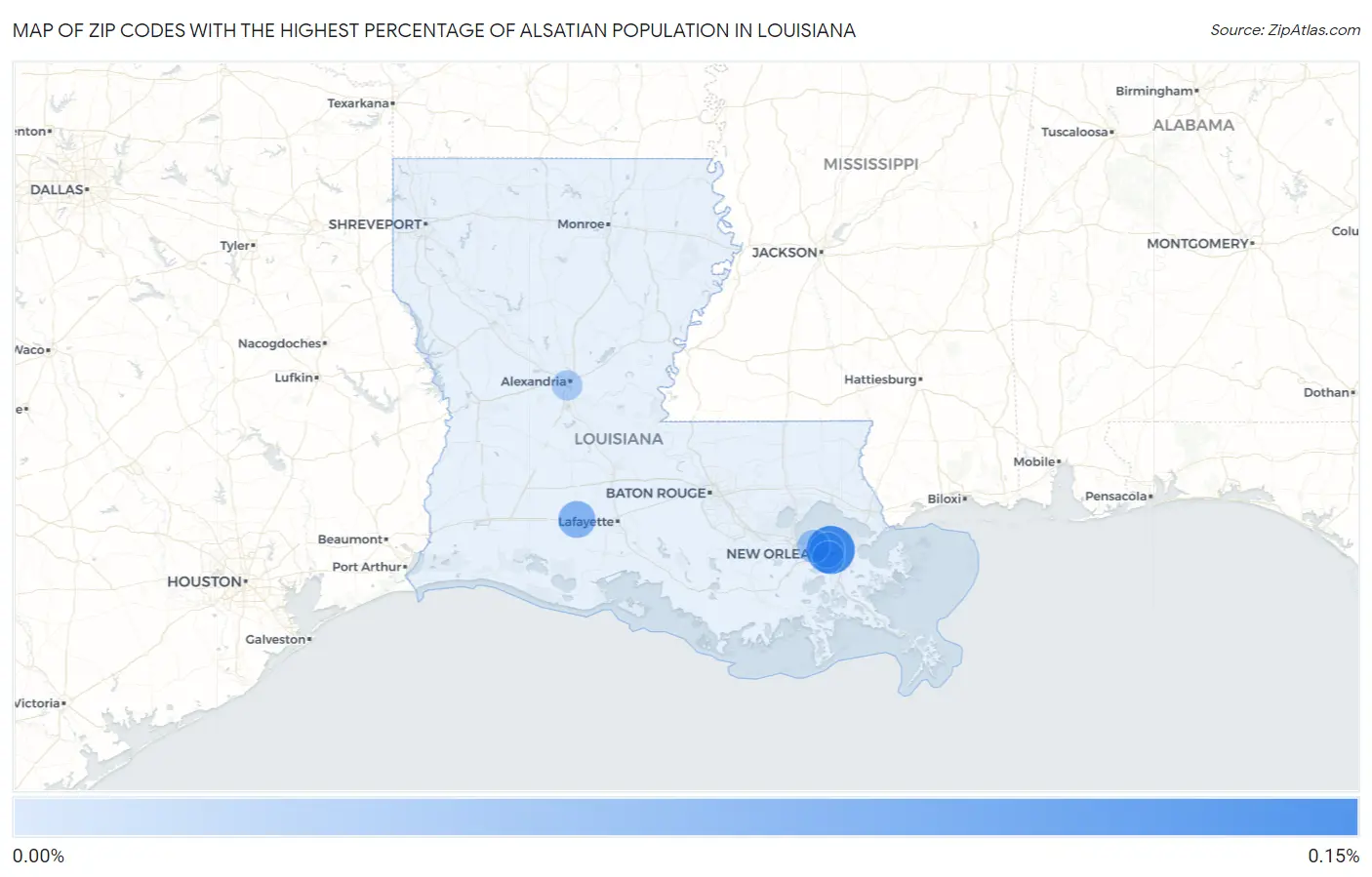 Zip Codes with the Highest Percentage of Alsatian Population in Louisiana Map