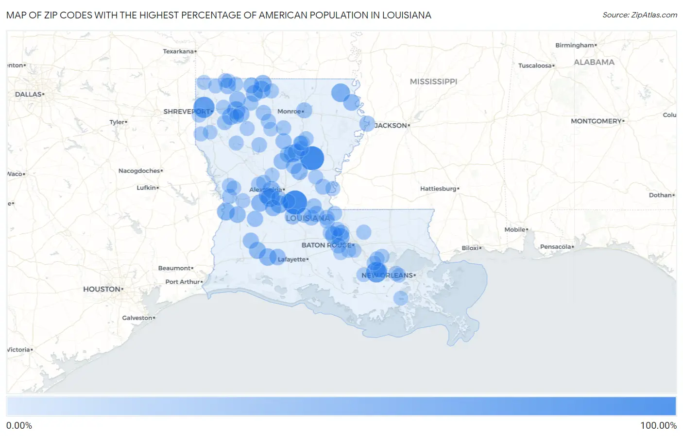Zip Codes with the Highest Percentage of American Population in Louisiana Map