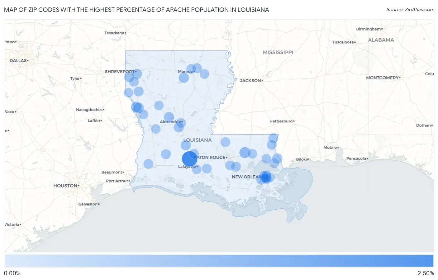 Zip Codes with the Highest Percentage of Apache Population in Louisiana Map