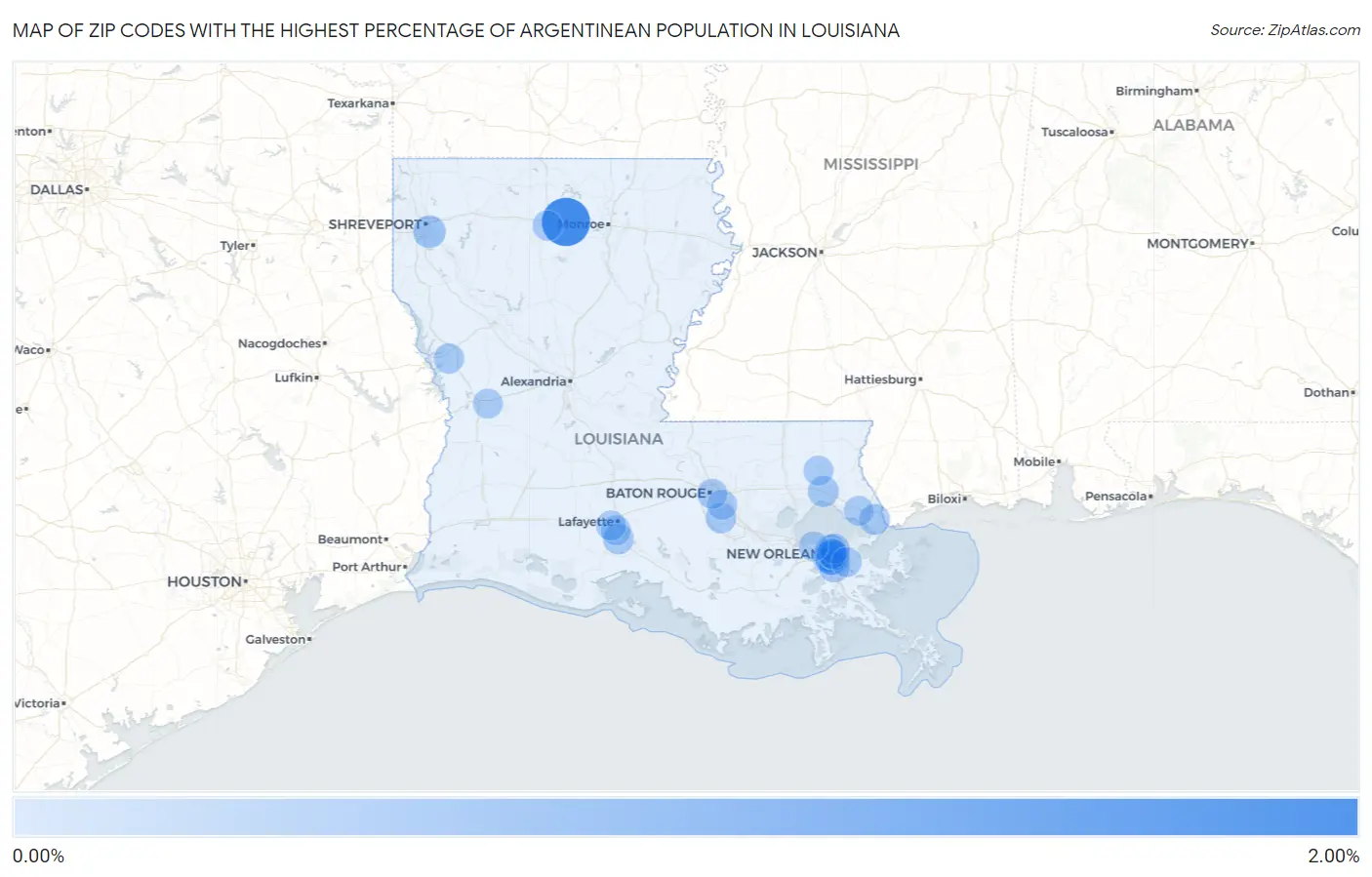 Zip Codes with the Highest Percentage of Argentinean Population in Louisiana Map