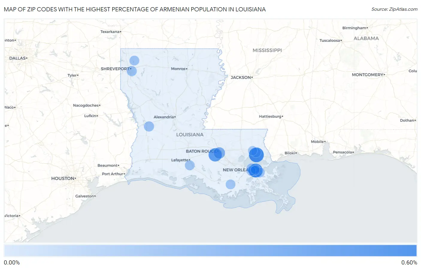 Zip Codes with the Highest Percentage of Armenian Population in Louisiana Map