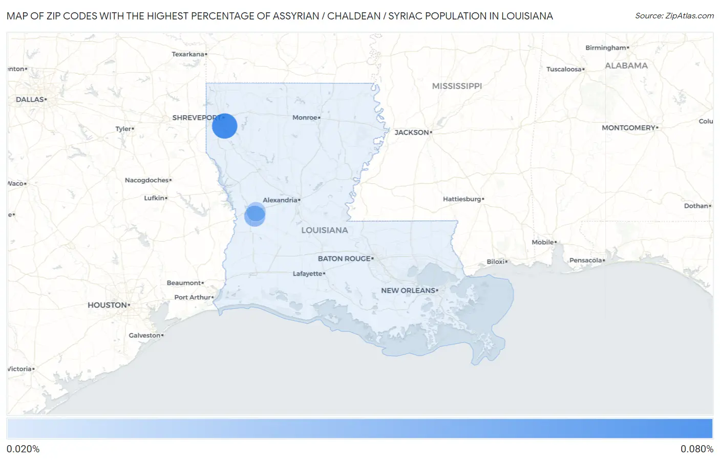 Zip Codes with the Highest Percentage of Assyrian / Chaldean / Syriac Population in Louisiana Map