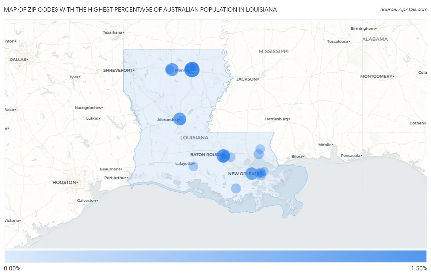 Zip Codes with the Highest Percentage of Australian Population in Louisiana Map