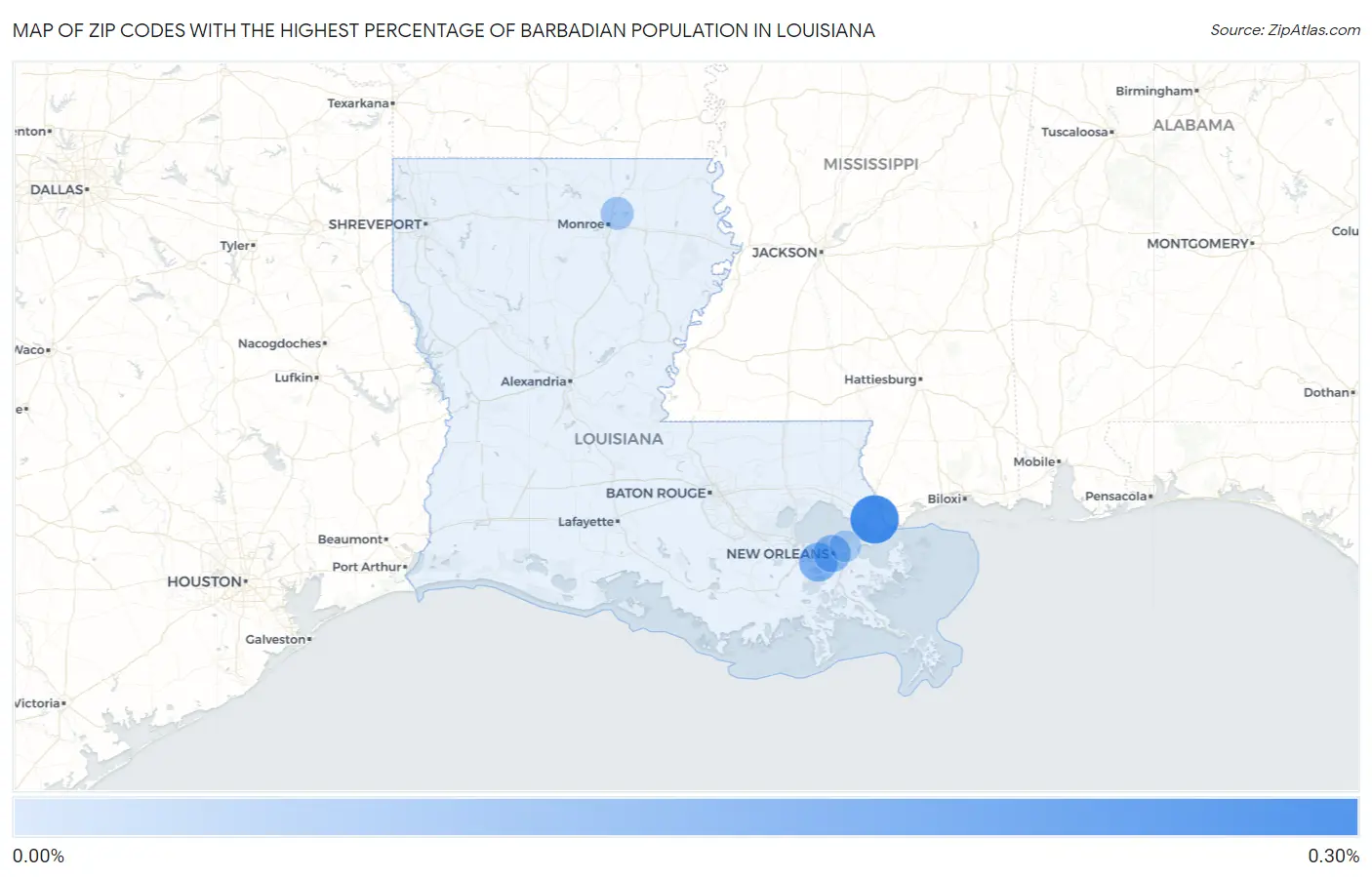 Zip Codes with the Highest Percentage of Barbadian Population in Louisiana Map