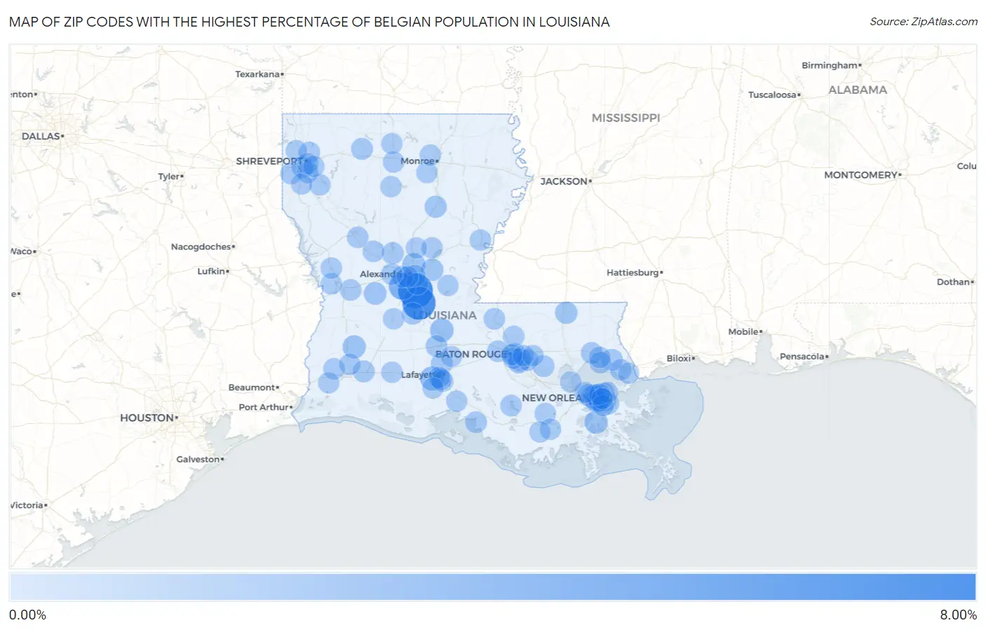 Zip Codes with the Highest Percentage of Belgian Population in Louisiana Map