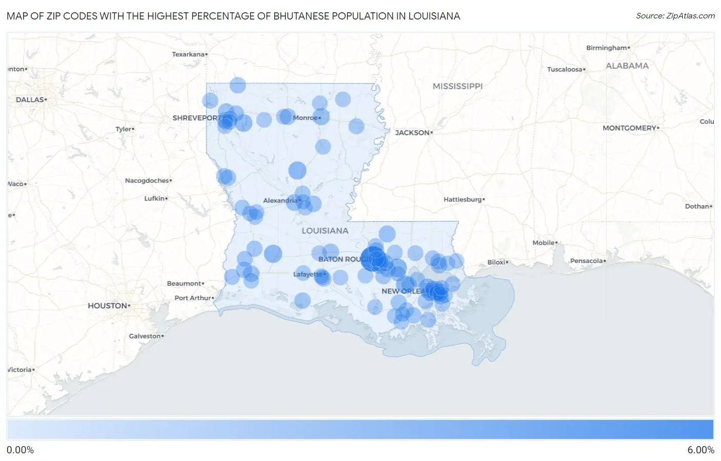 Zip Codes with the Highest Percentage of Bhutanese Population in Louisiana Map