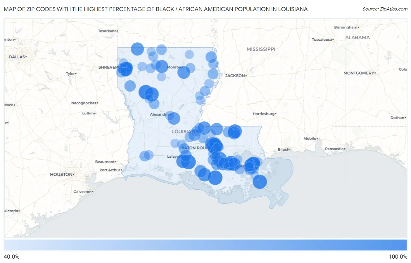 Zip Codes with the Highest Percentage of Black / African American Population in Louisiana Map