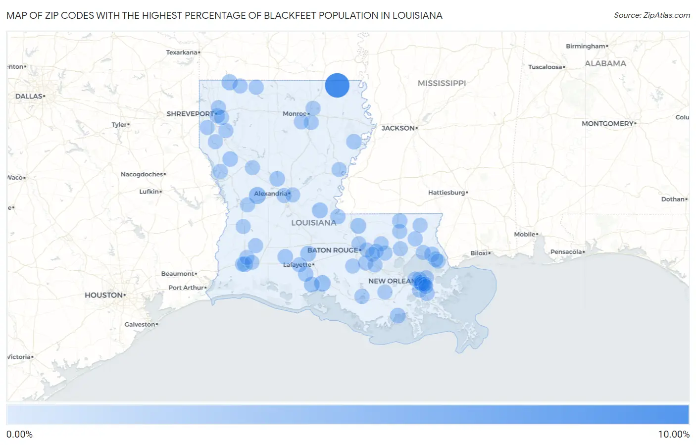 Zip Codes with the Highest Percentage of Blackfeet Population in Louisiana Map