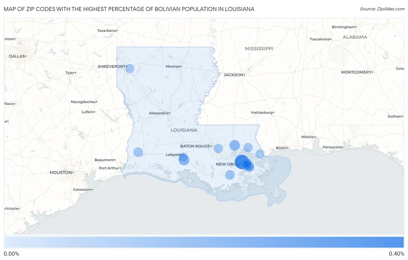 Zip Codes with the Highest Percentage of Bolivian Population in Louisiana Map