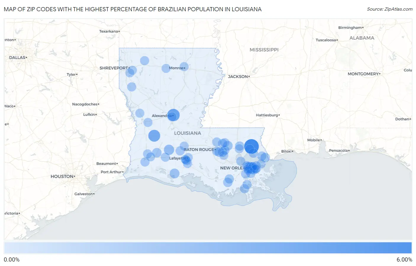 Zip Codes with the Highest Percentage of Brazilian Population in Louisiana Map