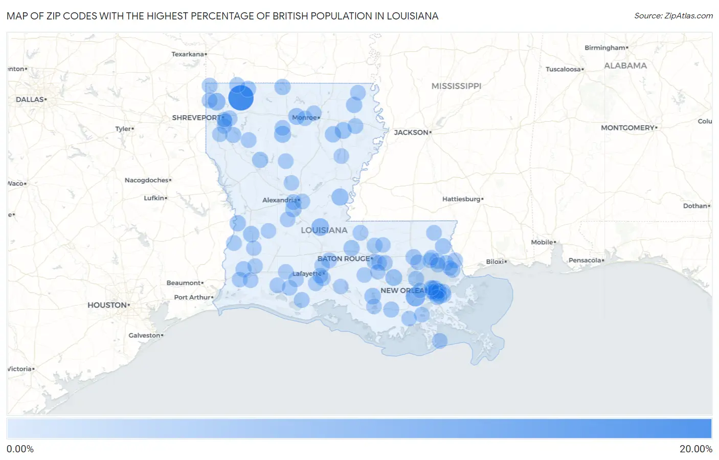 Zip Codes with the Highest Percentage of British Population in Louisiana Map