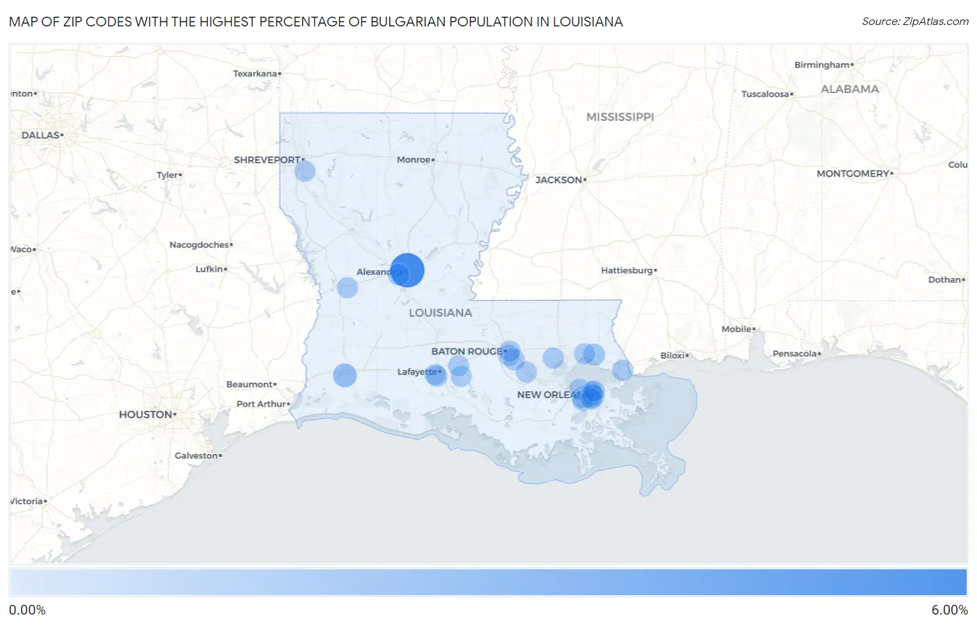 Zip Codes with the Highest Percentage of Bulgarian Population in Louisiana Map