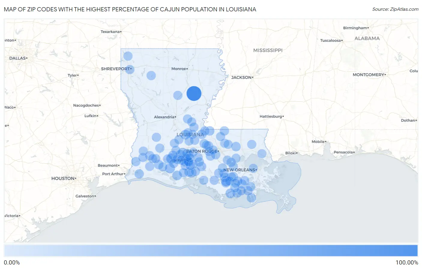 Zip Codes with the Highest Percentage of Cajun Population in Louisiana Map