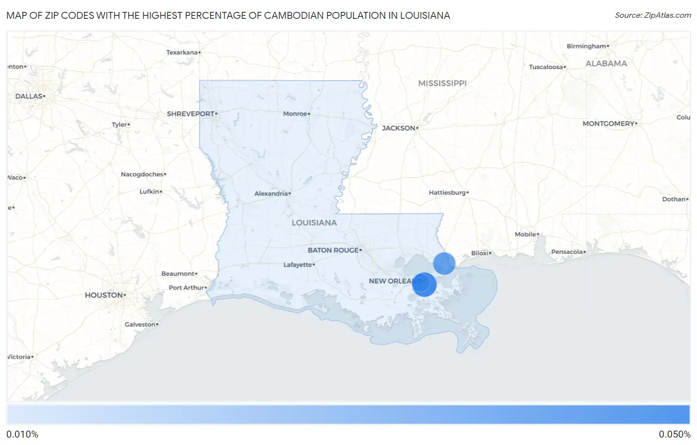 Zip Codes with the Highest Percentage of Cambodian Population in Louisiana Map