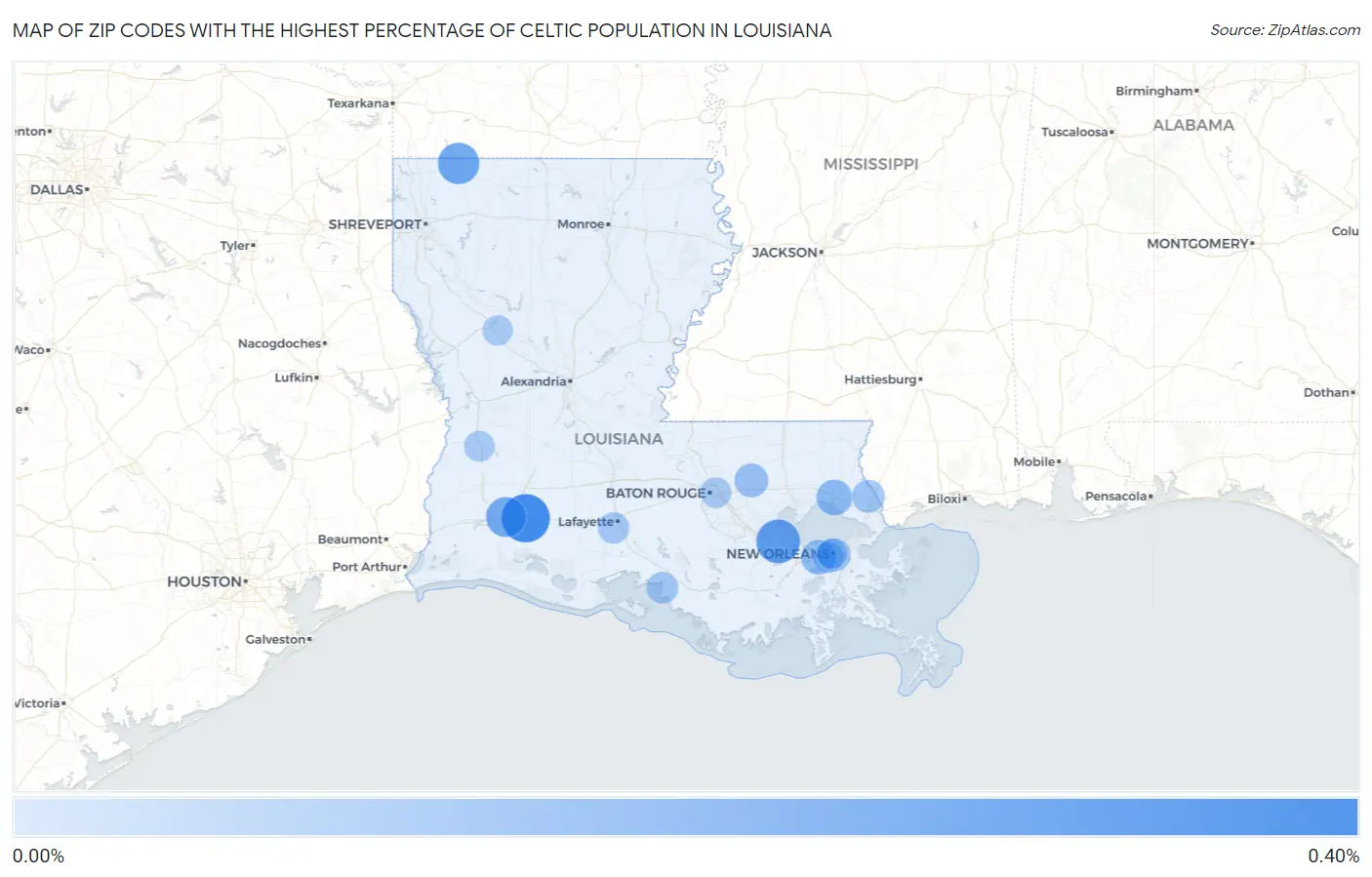 Zip Codes with the Highest Percentage of Celtic Population in Louisiana Map