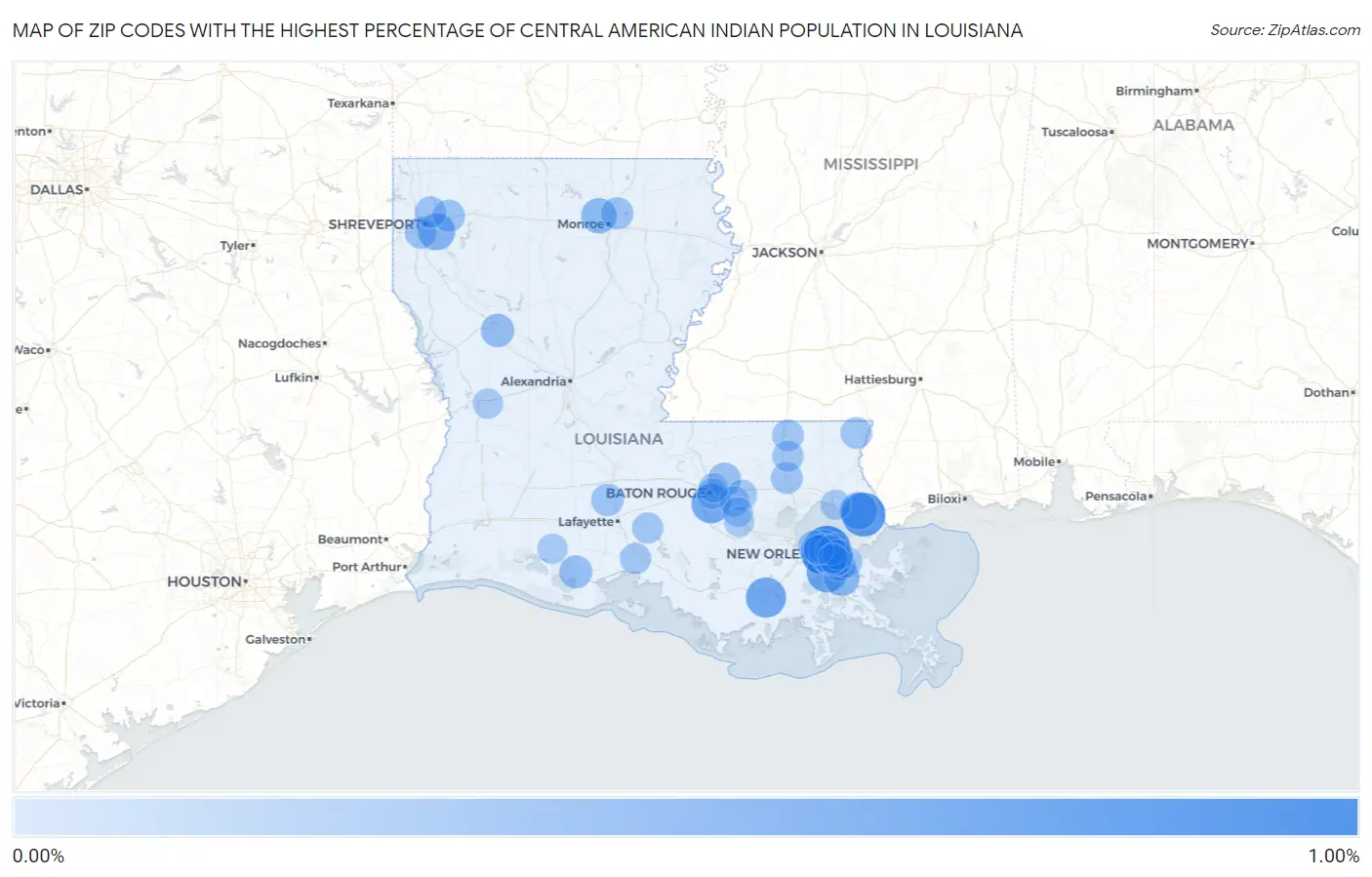 Zip Codes with the Highest Percentage of Central American Indian Population in Louisiana Map
