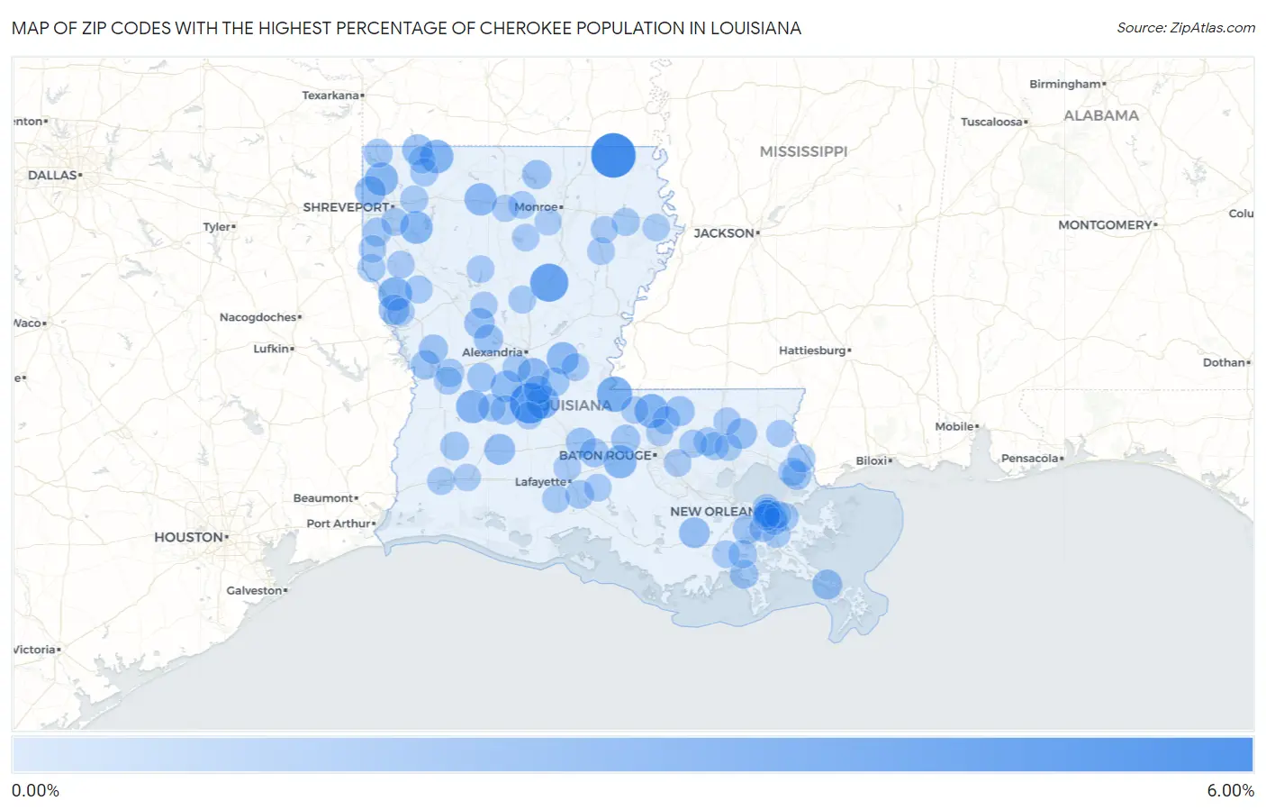 Zip Codes with the Highest Percentage of Cherokee Population in Louisiana Map