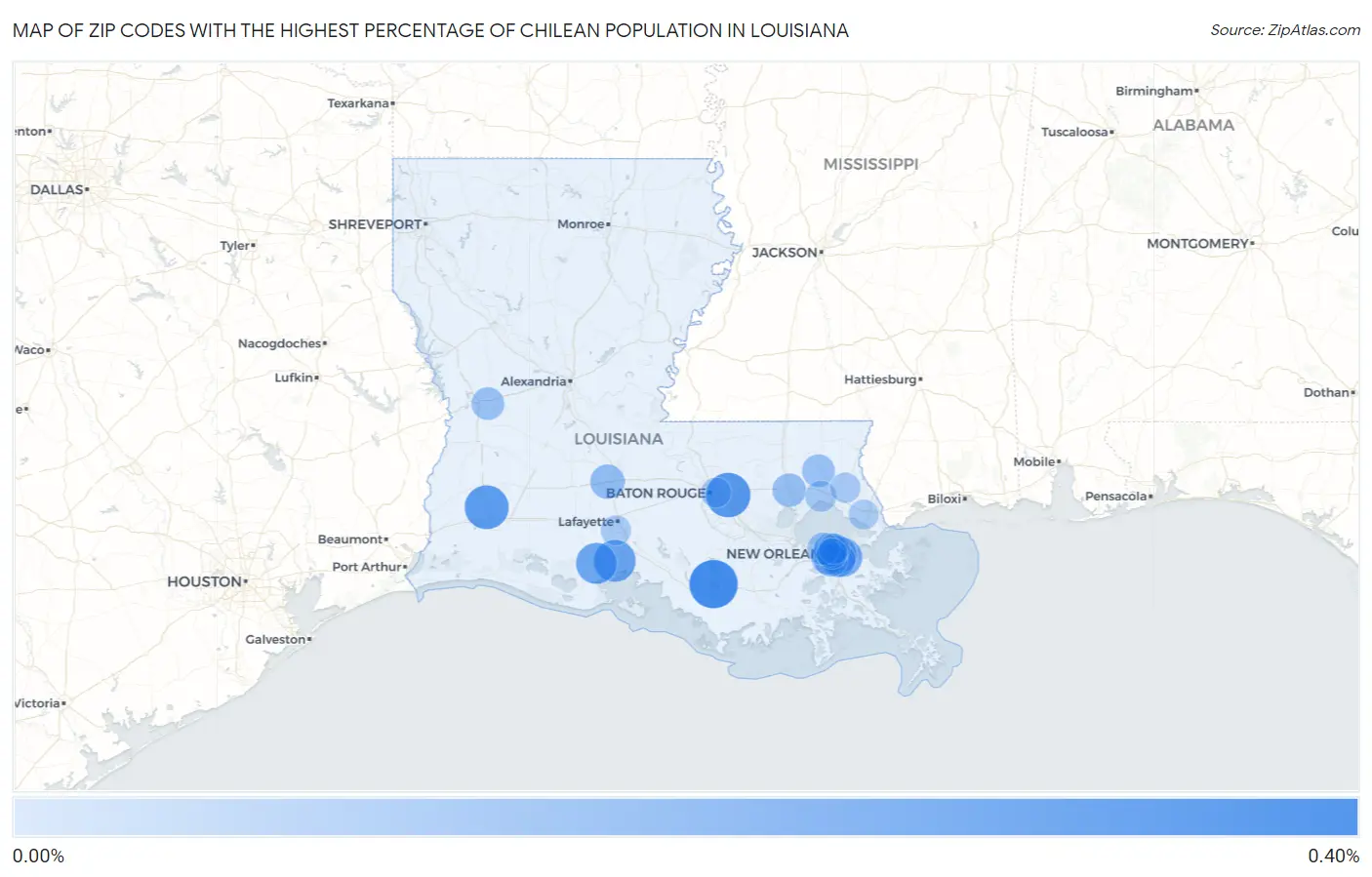 Zip Codes with the Highest Percentage of Chilean Population in Louisiana Map