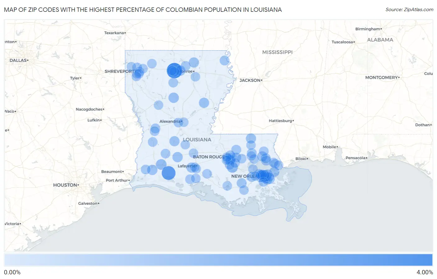 Zip Codes with the Highest Percentage of Colombian Population in Louisiana Map