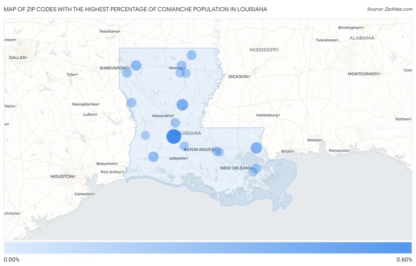 Zip Codes with the Highest Percentage of Comanche Population in Louisiana Map