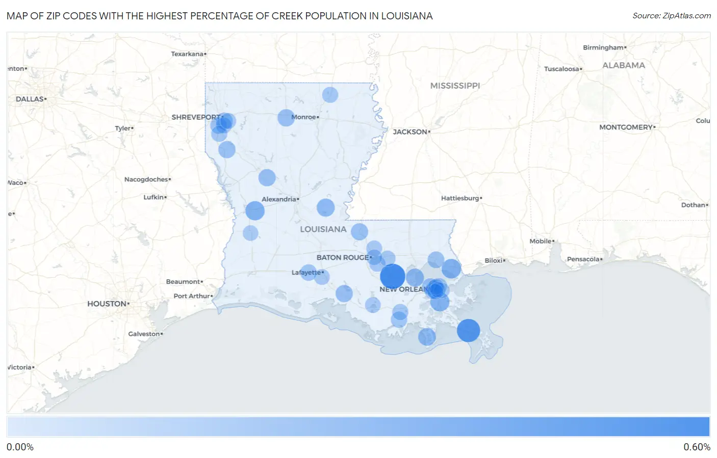 Zip Codes with the Highest Percentage of Creek Population in Louisiana Map