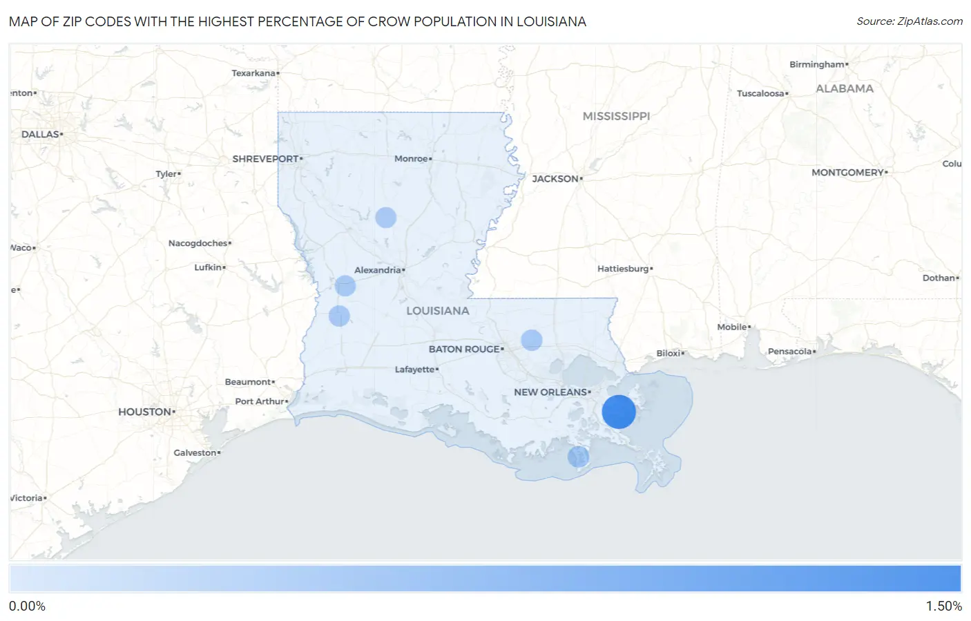 Zip Codes with the Highest Percentage of Crow Population in Louisiana Map